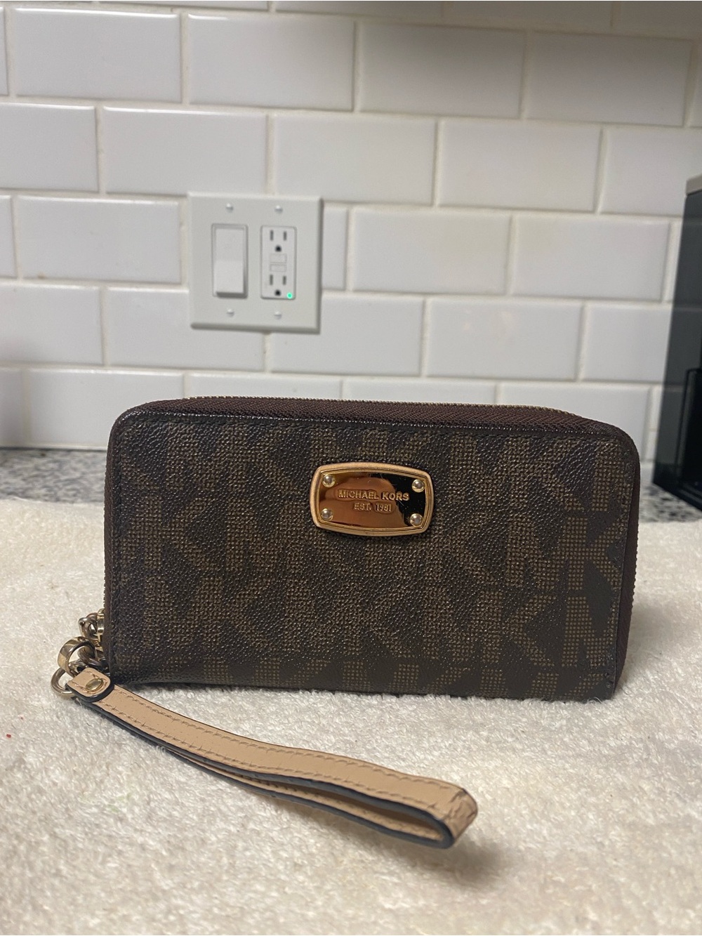 Michael Kors Brown and Tan MK Logo Wristlet